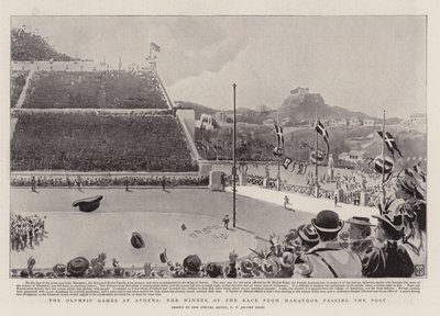 Olympiska spelen i Aten, vinnaren av loppet från Marathon som passerar posten av George Percy Jacomb-Hood